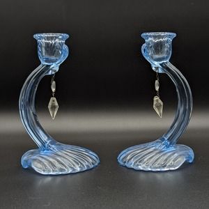 Pair Of Cambridge Glass Blue Caprice Candle Holders Art Deco Elegant Glass 7.5"